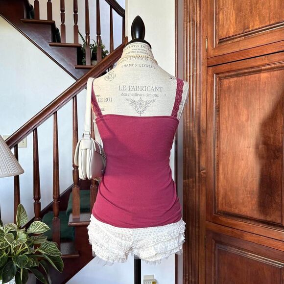 Abercrombie Vintage Camisole Tank Shelf Bra Lace Trim Burgundy / Red Sequins - Picture 4 of 6